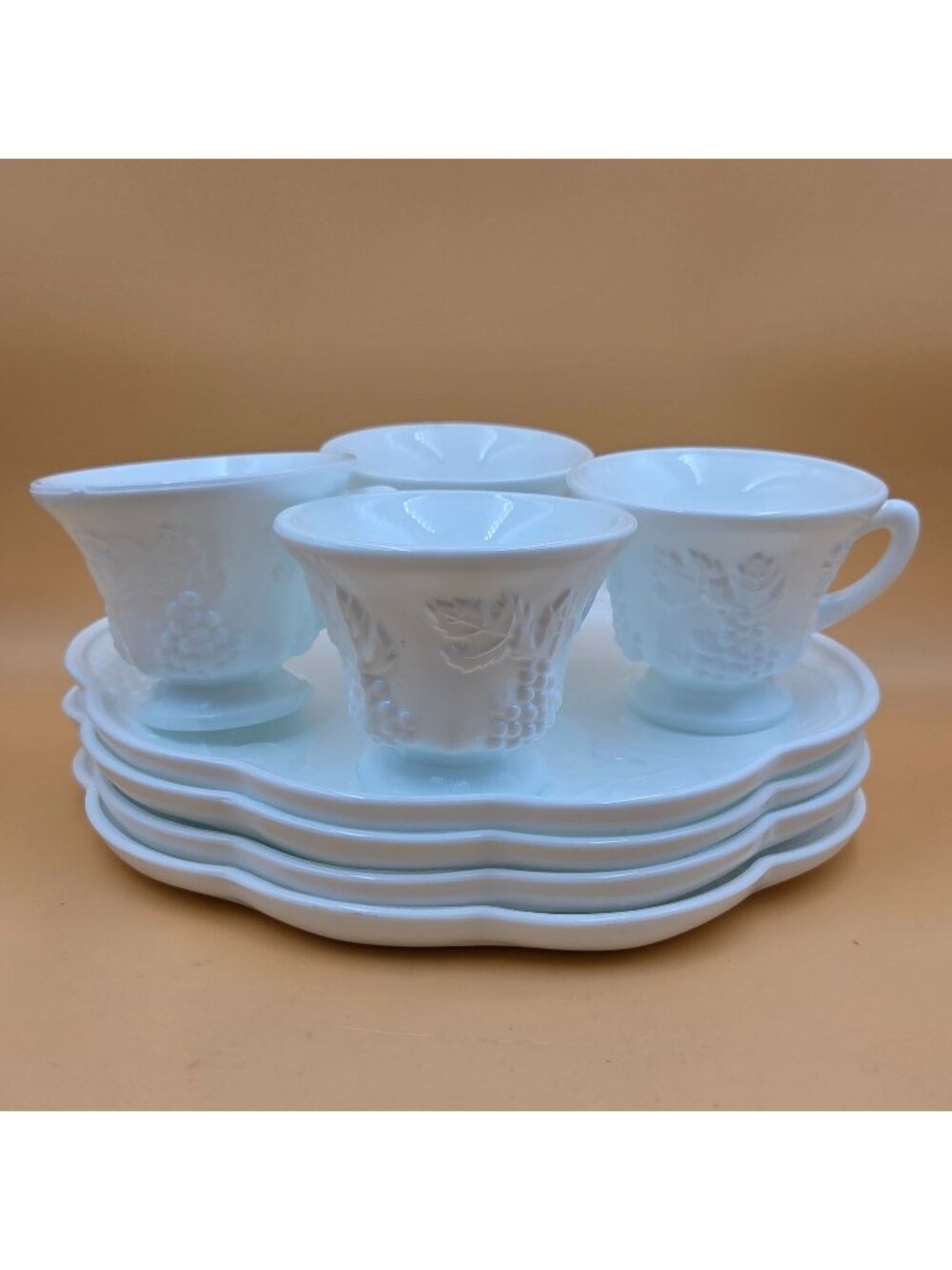 Colony Harvest Milk Glass Grape Leaf Snack Plate Punch Cup Sets of 4